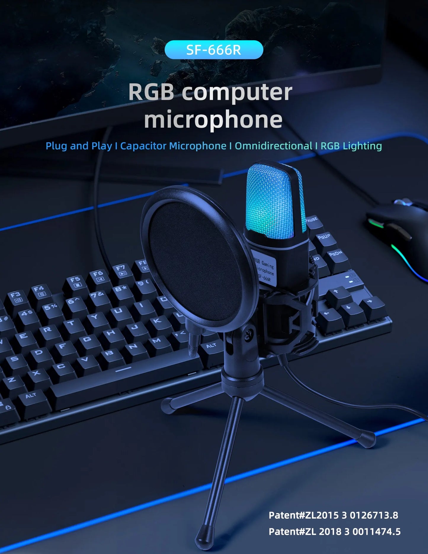 SF666R USB Microphone RGB Microfone Condensador Wire Gaming Mic for Podcast Recording Studio Streaming Laptop Desktop PC